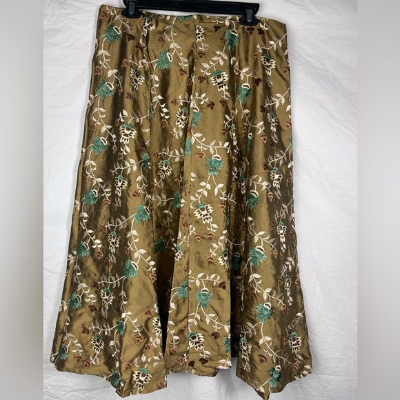 Karen Warren-100% Silk A Line Skirt-Sz 12-Embroidered-Green/Cream - Picture 3 of 5